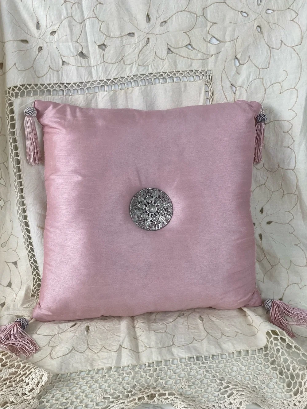 Vintage Pink Silk Accent Pillow w/ silver medallion and tassels 60s 70s